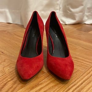 Red suede pumps with 3.5” heel, by Gianni Bini, size 8 US